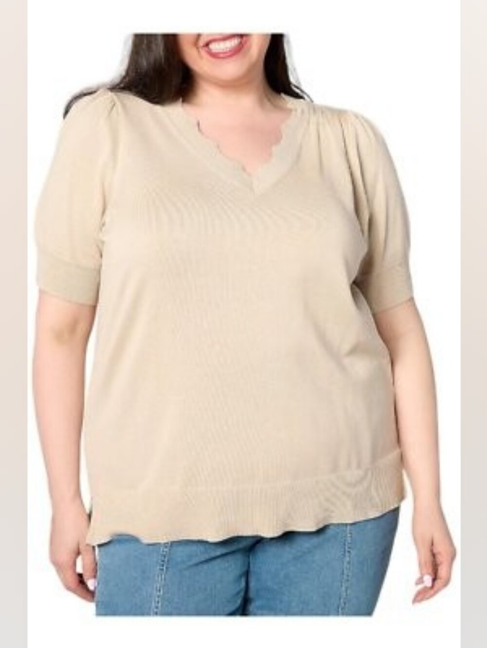 Belle Kim Gravel Scalloped Neck Short Sleeve Sweater XL Sandbar Rib Knit Hems